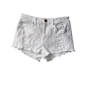 American Eagle White Distressed Denim Mid Rise Short Shorts Size 8 Frayed Hem